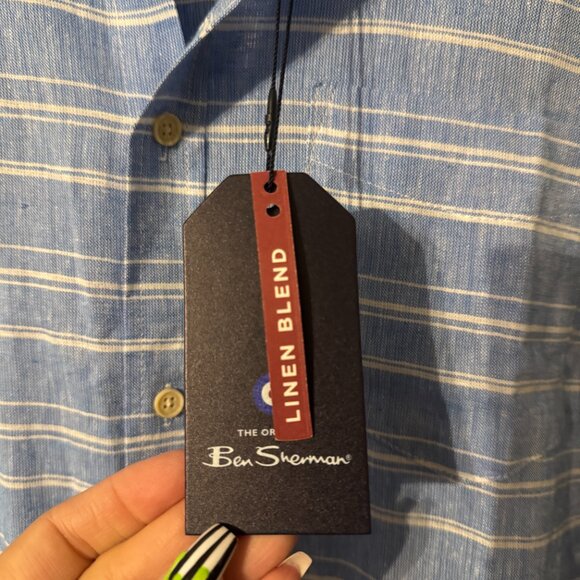 NWT Mens Ben Sherman Linen Blend Blue White Striped Short Sleeve Shirt - Picture 2 of 4